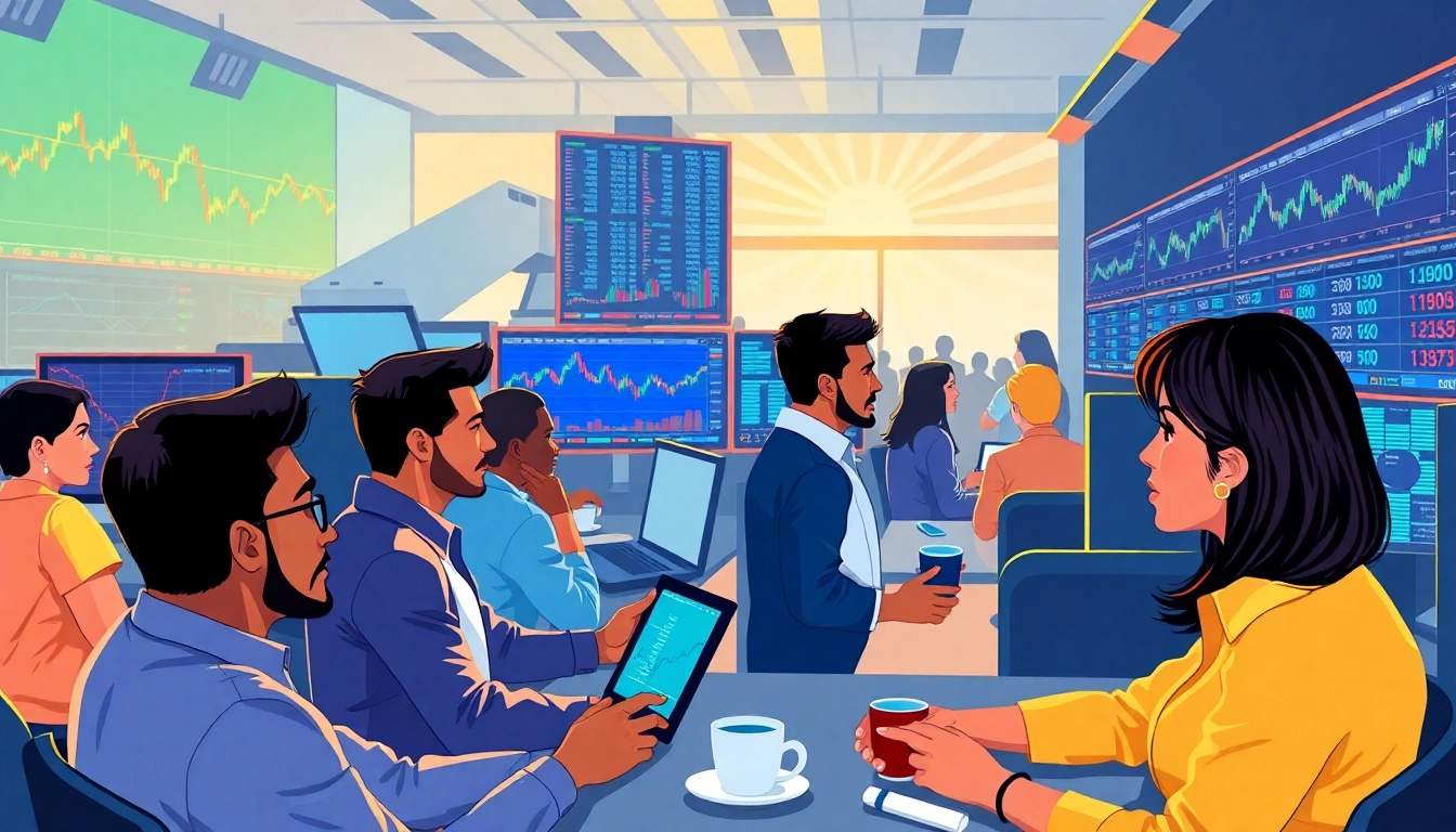Engage with experts discussing Tradings strategies on a vibrant trading floor bustling with energy and technology.