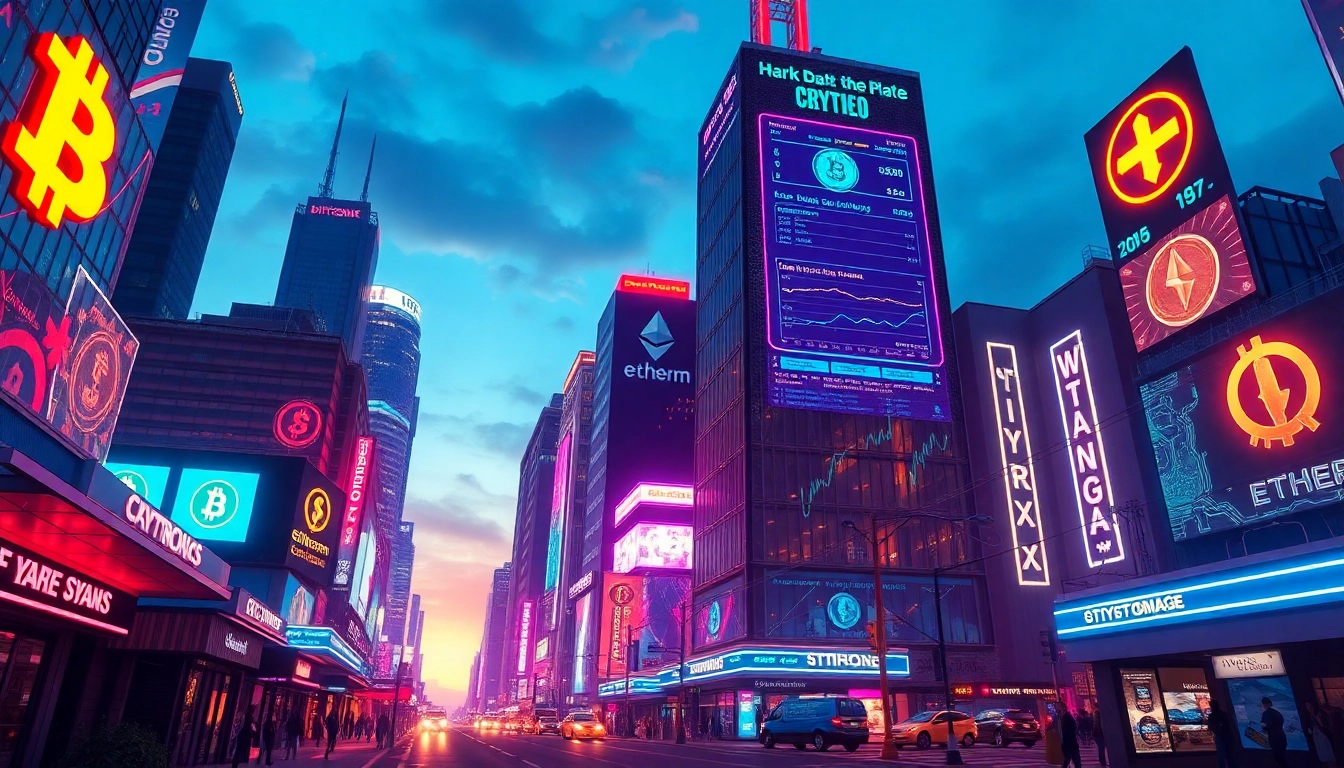 Explore the innovative realm of Crypto in a futuristic digital marketplace bustling with vibrant colors and holographic displays.
