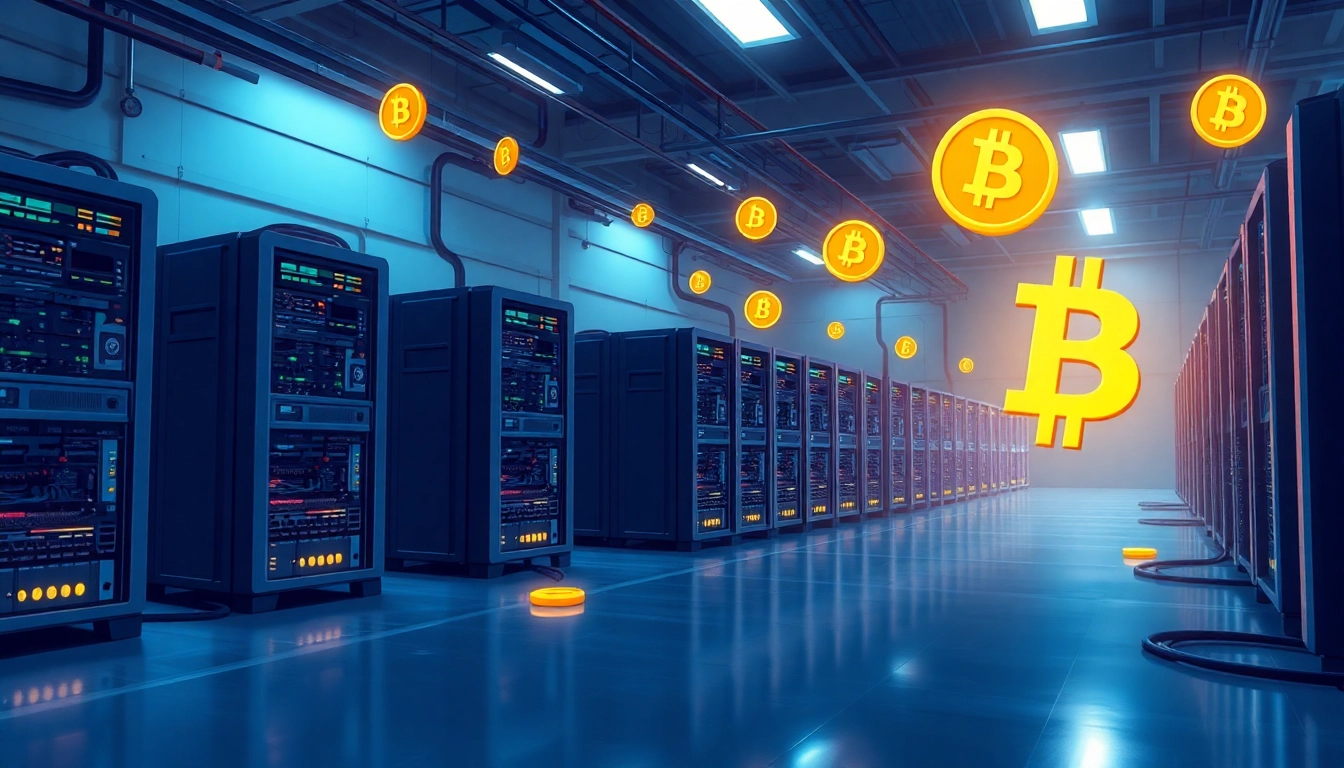 Explore the efficient process of Bitcoin mining with advanced rigs operating in a high-tech facility.
